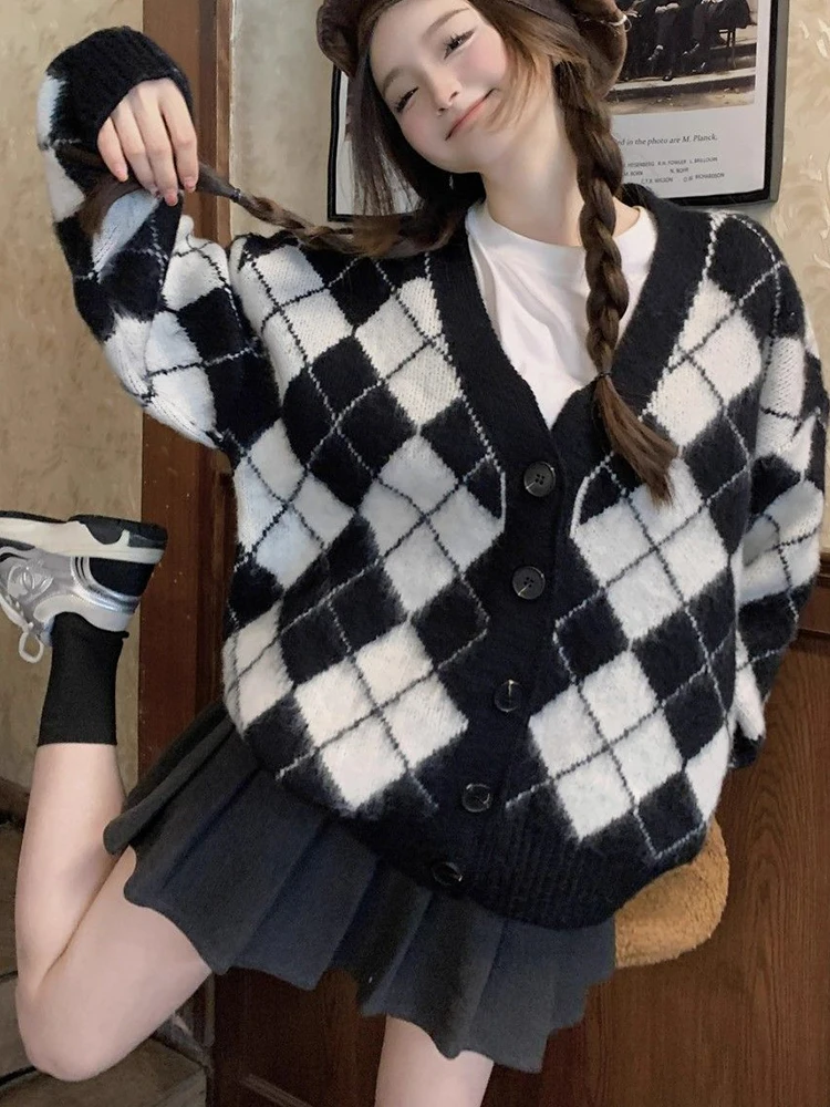 

Knitted Argyle Cardigan Women Korean Fashion Vintage Preppy Style Sweater Female Autumn Winter Long Sleeve Oversized Knitwear