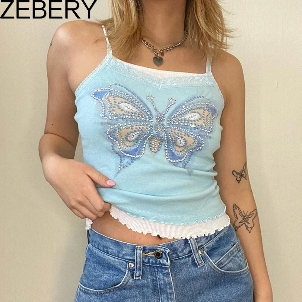 ZEBERY Y2K Butterfly Tank Tops Lace O Neck Mini Vest Women Cute Summer Retro Sleeveless Sweats Blue Harajuku Mini Vest 90s
ZEBERY Y2K Butterfly Tank Tops Lace O Neck Mini Vest Women Cute Summer Retro Sleeveless Sweats Blue Harajuku Mini Vest 90s