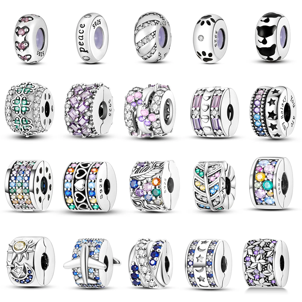 

925 Sterling Silver Colorful Inlaid Zircon Stopper Silicone Spacer Charms Beads Fit Original Pandora Bracelet Fine DIY Jewelry