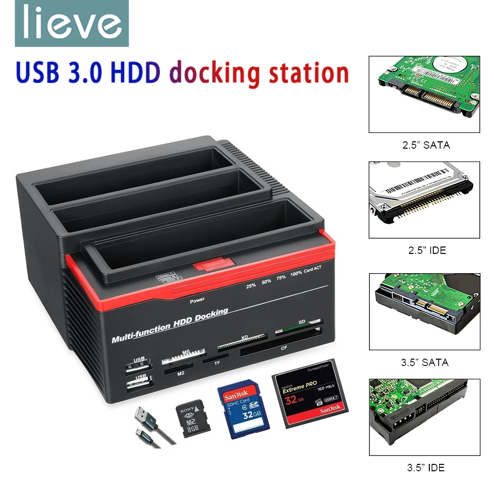 

2.5/3.5 USB 3.0 to 2 SATA Ports 1 IDE Port HDD Hard Drive Disk Docking Station Card to OTB/OTC Hub MS/M2/XD/CF/SD/TF Card Reader