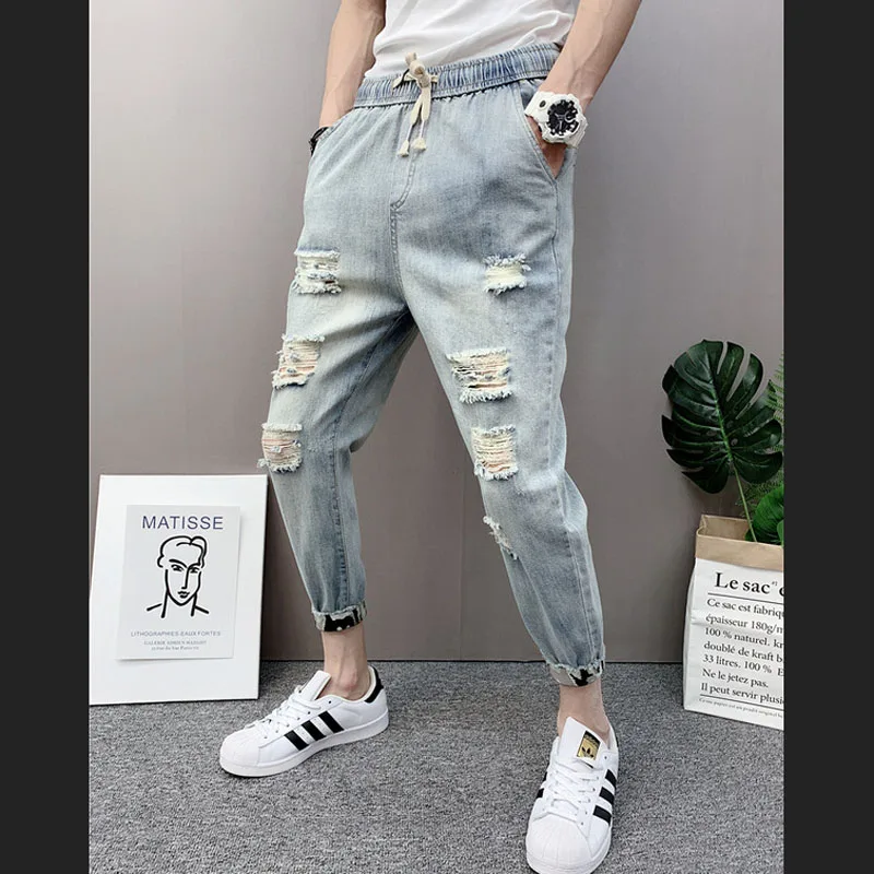 Summer Ripped Jeans Men's Brand Light-colored Drawstring Casual Pants Spiritual Guy Self-cultivation All-match Harem Pants
Summer Ripped Jeans Men's Brand Light-colored Drawstring Casual Pants Spiritual Guy Self-cultivation All-match Harem Pants