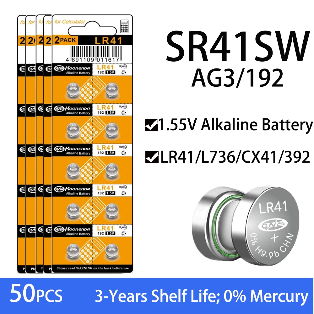 50PCS AG3 Coin Battery LR41 192 392 Button Battery Coin Cell Alkaline Battery 1.55V SR41SW L736 CX41 For Watches Toy No Mercury 
50PCS AG3 Coin Battery LR41 192 392 Button Battery Coin Cell Alkaline Battery 1.55V SR41SW L736 CX41 For Watches Toy No Mercury