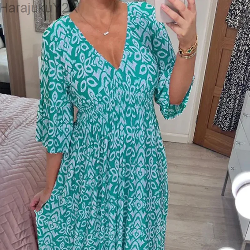 Summer Elastic Waist Long Dress 2023 Casual V-neck Short Sleeve Loose Party Dress Women Pattern Printed Bohemian Beach Dress
Summer Elastic Waist Long Dress 2023 Casual V-neck Short Sleeve Loose Party Dress Women Pattern Printed Bohemian Beach Dress