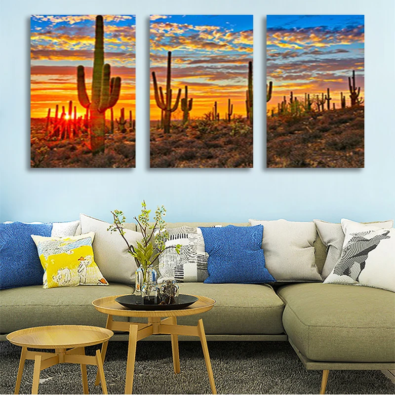

Large 3 Piece Canvas Wall Art Beautiful Sunset Landscape of National Park Arizona Sonoran Desert Cactus Pictures Drop shipping