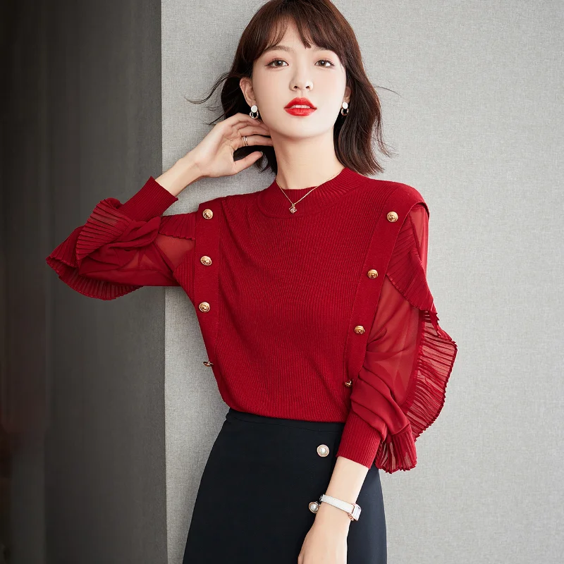 Autumn Red Knitwear Women Sweatershirt Ruffled Edge Design Feeling Minority Lantern Sleeve Sweater
Autumn Red Knitwear Women Sweatershirt Ruffled Edge Design Feeling Minority Lantern Sleeve Sweater