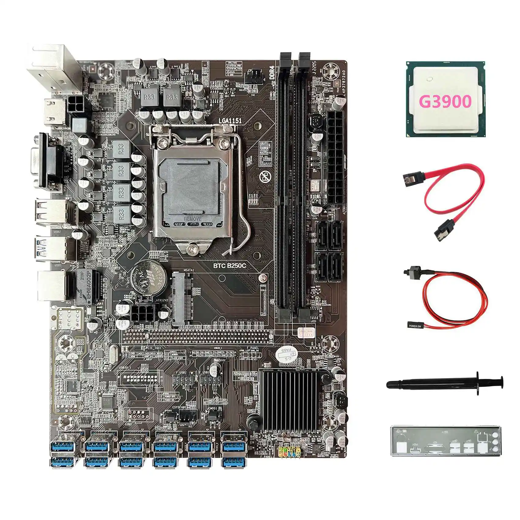 B250C ETH Miner Motherboard+G3900 CPU+Baffle+SATA Cable+Switch Cable+Thermal Grease 12USB3.0 GPU Slot LGA1151 for BTC
B250C ETH Miner Motherboard+G3900 CPU+Baffle+SATA Cable+Switch Cable+Thermal Grease 12USB3.0 GPU Slot LGA1151 for BTC