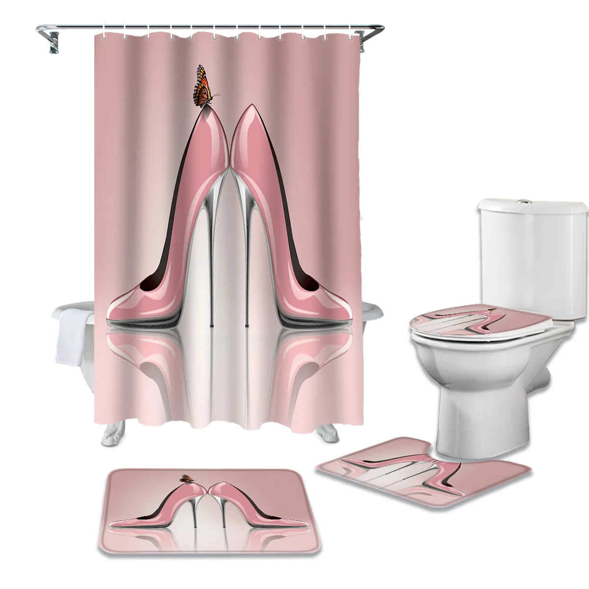 Pink Female High Heels Butterfly Print Shower Curtain Set Carpet Cover Toilet Cover Bathroom Mat Bathroom Household
Pink Female High Heels Butterfly Print Shower Curtain Set Carpet Cover Toilet Cover Bathroom Mat Bathroom Household