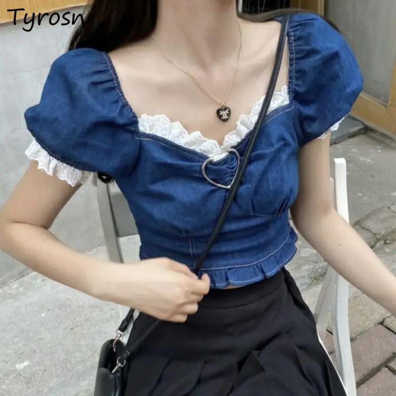 T-shirts Women Denim Fashion Design Sweet Square Collar Simple Tender Ins All-match Slim Summer Puff Sleeve Korean Style Ruffles
T-shirts Women Denim Fashion Design Sweet Square Collar Simple Tender Ins All-match Slim Summer Puff Sleeve Korean Style Ruffles