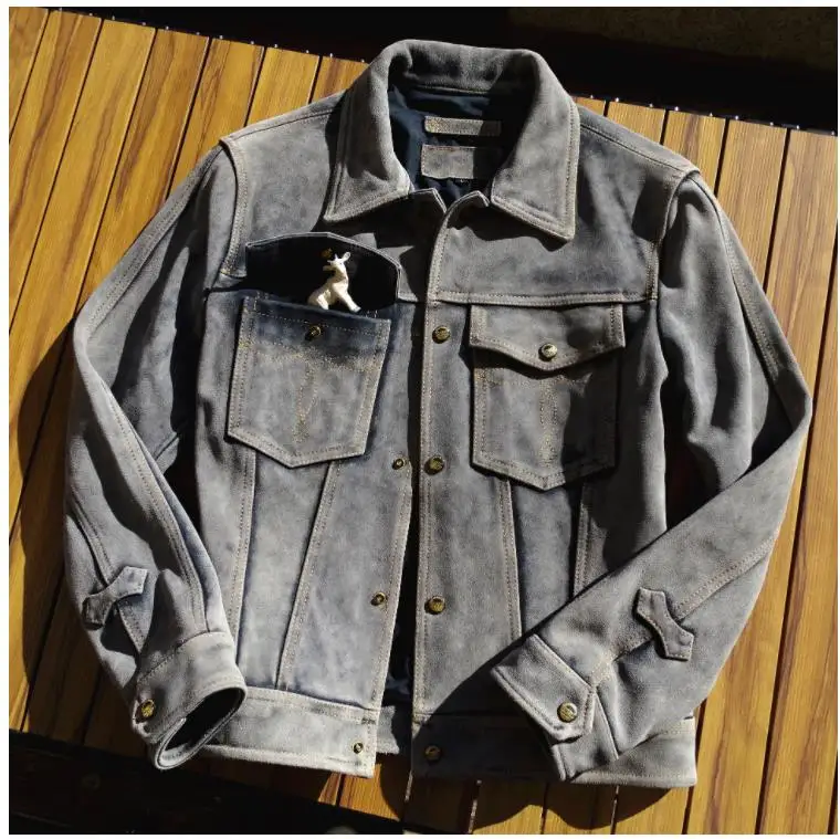 

Free shipping.Men classic casual real suede jacket.Popular 557 style Italian cowhide cow.Slim fit vintage genuine leather wear