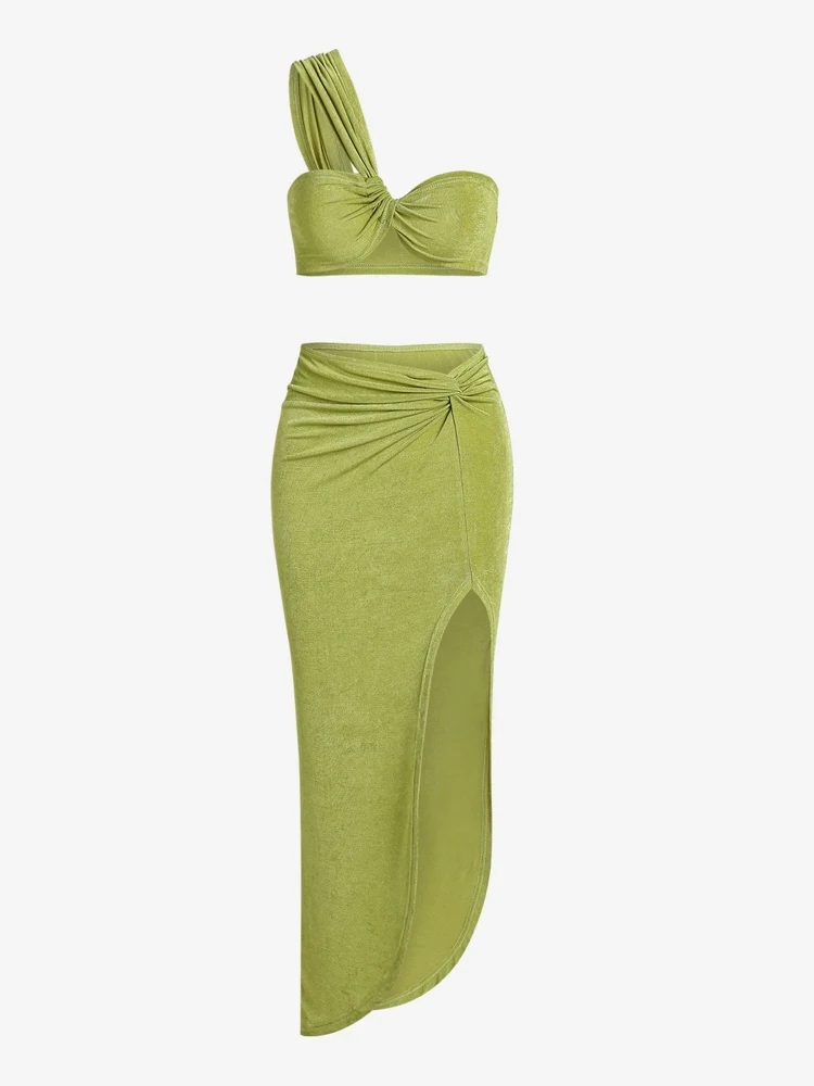 

ZAFUL Matching Twist One Shoulder Jersey Top and Thigh High Split Skirt Set ZF508797601