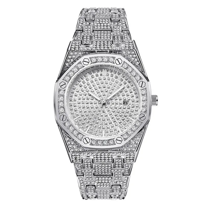 

Часы наручные мужские кварцевые в стиле хип-хоп, роскошные брендовые полностью алмазные золотистые деловые простые, с датой и браслетом из сплава, 2023