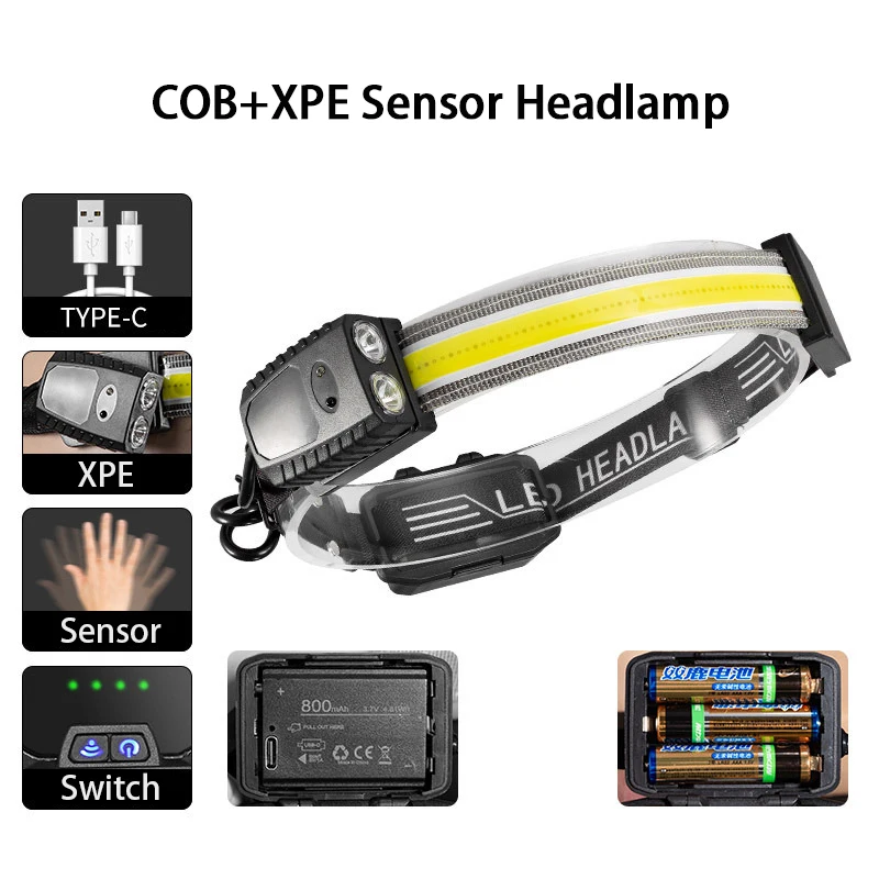 COB XPE Headlamp Induction Headlight USB Rechargeable Head Lamp with Built-in Battery Outdoor Fishing Running Glare Headlight
COB XPE Headlamp Induction Headlight USB Rechargeable Head Lamp with Built-in Battery Outdoor Fishing Running Glare Headlight