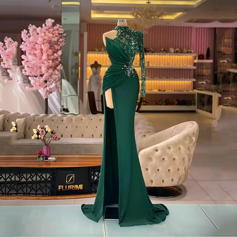 Green Satin High Slit High Neck Mermaid Evening Dresses One Long Sleeves Lace Sequined Prom Gowns Soft Special Occasion Dresses
Green Satin High Slit High Neck Mermaid Evening Dresses One Long Sleeves Lace Sequined Prom Gowns Soft Special Occasion Dresses