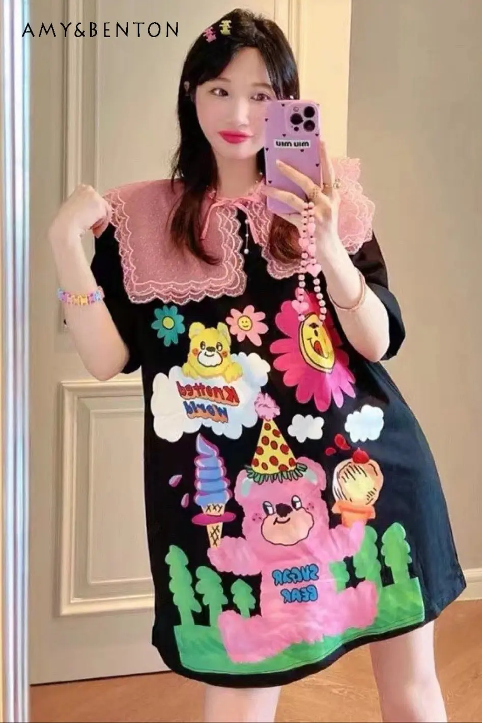 Women's Sweet Cartoon Print Detachable Doll Collar T-shirt Summer New Fashion Trend O-neck Short Sleeve Dress for Ladies
Women's Sweet Cartoon Print Detachable Doll Collar T-shirt Summer New Fashion Trend O-neck Short Sleeve Dress for Ladies