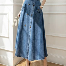 Seoulish 2022 Womens Denim Long Skirt with Belted High Wasit Double Breasted Umbrella Jeans Skirts Female Straight A-Line Skirt