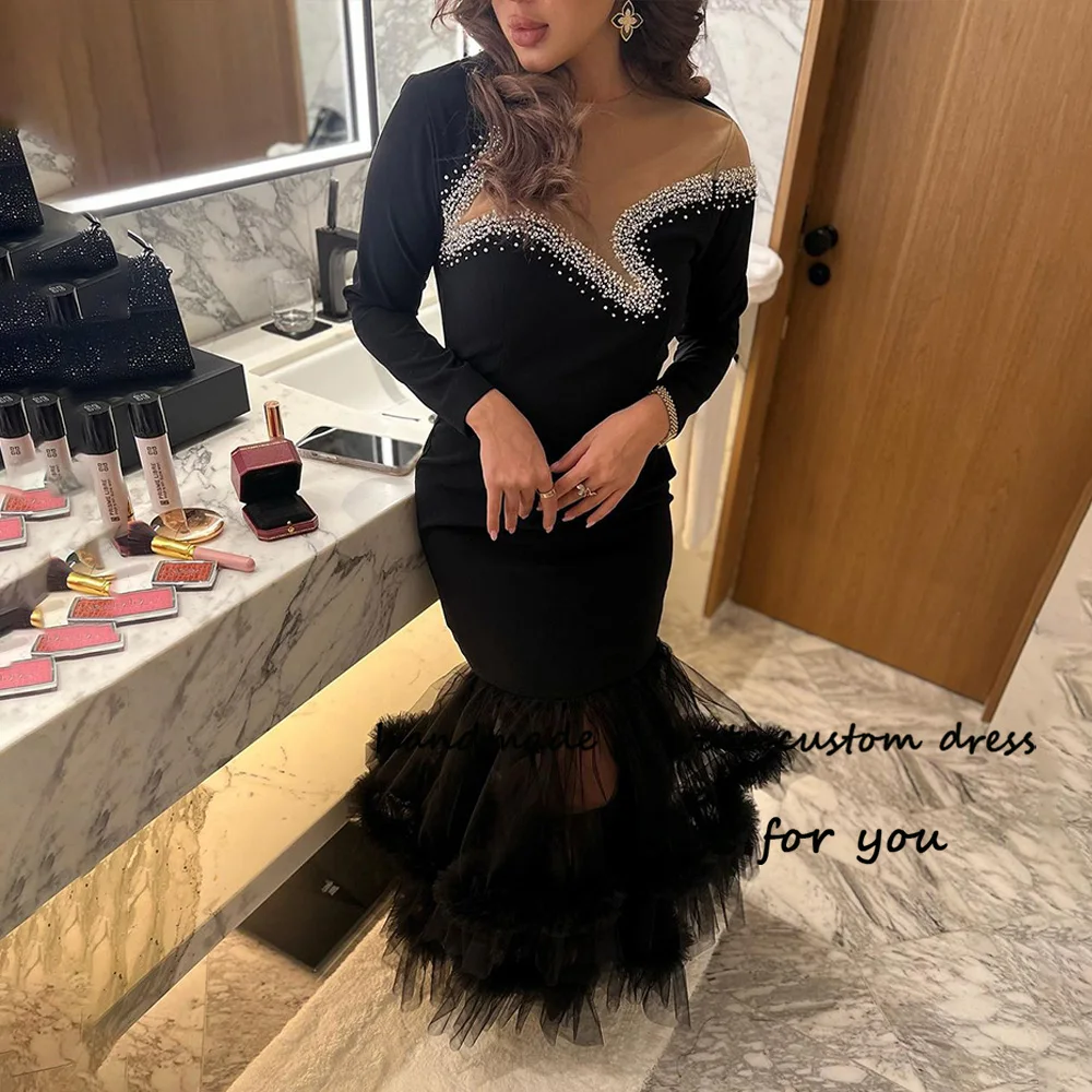 Black Mermaid Evening Dresses Long Sleeve O Neck Pearls Luxury Prom Dress Bodycon Arabic Dubai Formal Party Dress Floor Length
Black Mermaid Evening Dresses Long Sleeve O Neck Pearls Luxury Prom Dress Bodycon Arabic Dubai Formal Party Dress Floor Length