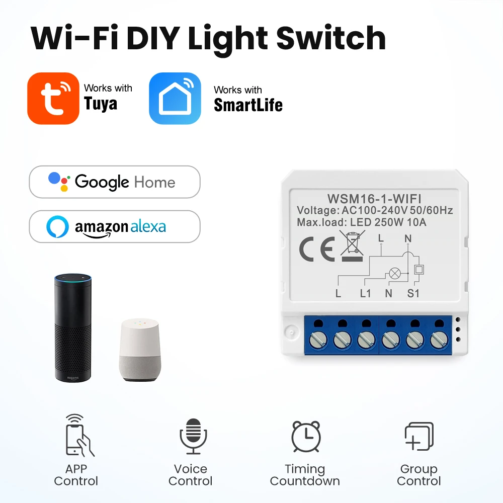 

16A Mini Wifi Smart 1/2/3/4 CH Switch Smart Home DIY Light Switches Module 2-way Control Work With Tuya Alexa Alice Google Home