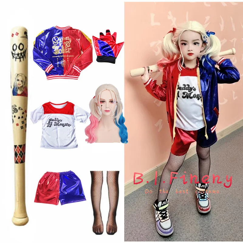 

Детский костюм Харли Куинн для девочек, костюмы для косплея, фантазия, искусственная кожа, куртка, футболка, шорты, вечевечерние НКА на день рождения с париком