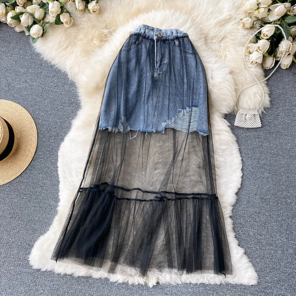 Летняя Корейская тонкая черная кружевная сетчатая юбка с высокой талией, сшитая джинсовая юбка, юбка с дырками, длинная юбка, юбка трапециевидной формы
Летняя Корейская тонкая черная кружевная сетчатая юбка с высокой талией, сшитая джинсовая юбка, юбка с дырками, длинная юбка, юбка трапециевидной формы