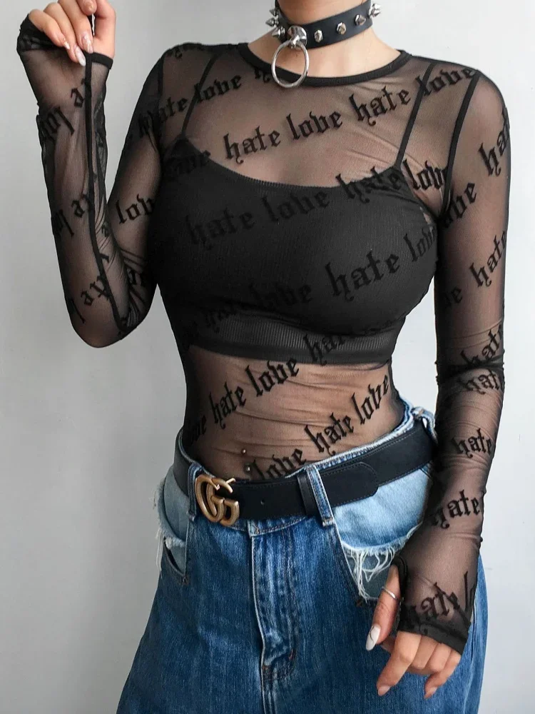 Letter Print Sexy Y2k Top For Women Clothing See Through Black T Shirts O-Neck Streetwear Long Sleeve Roupas Femininas Estilosas
Letter Print Sexy Y2k Top For Women Clothing See Through Black T Shirts O-Neck Streetwear Long Sleeve Roupas Femininas Estilosas