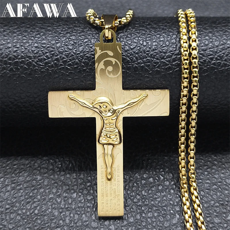 

Jesus Crucifix Cross Necklace for Women Men Stainless Steel Gold Color Religious Prayer Baptism Necklaces Jewelry colares N2352S