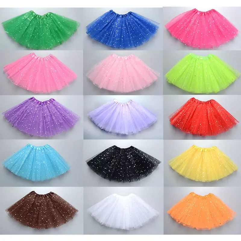 

Kids Baby Star Glitter Dance Tutu Skirt For Girl Sequin 3 Layers Tulle Toddler Pettiskirt Children Chiffon Skirt length 30cm