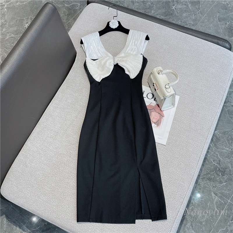 2022 Summer Midi Dress for Women New Temperament Socialite Bow Sexy V-neck Black and White Contrasting Color Slits Dresses
2022 Summer Midi Dress for Women New Temperament Socialite Bow Sexy V-neck Black and White Contrasting Color Slits Dresses