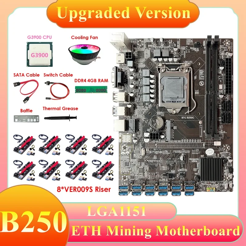 B250C ETH Miner Motherboard+G3900 CPU+8XVER009S Riser+4G DDR4 RAM+Fan+SATA Cable+Switch Cable+Baffle+Thermal Grease
B250C ETH Miner Motherboard+G3900 CPU+8XVER009S Riser+4G DDR4 RAM+Fan+SATA Cable+Switch Cable+Baffle+Thermal Grease