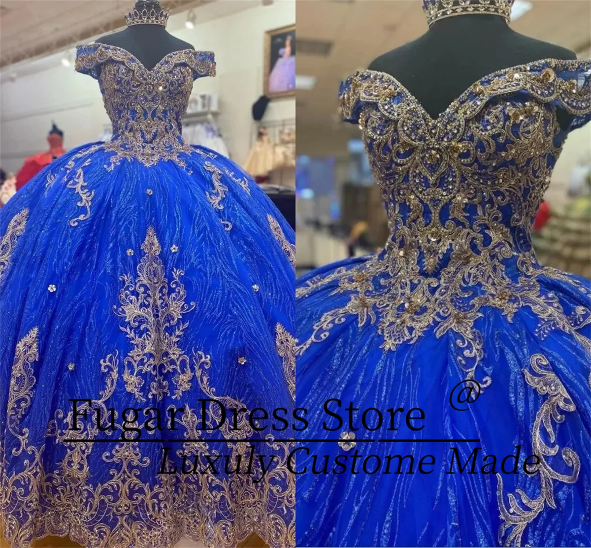 Блестящие блестящие тюлевые платья Quinceanera Toyal синие и золотые вышитые бусины