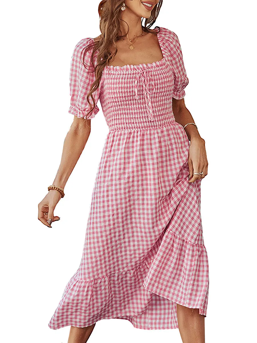 

Women s Summer Sleep Dress Plaid Print Short Sleeves Square-Neck Ruched Cutout Back Dress Loungewear