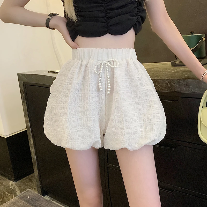 

Lolita Bloomers Women Vintage Cosplay Bottoming Pumpkin Shorts White Loose Pearl Bowknot High Waist Casual Shorts