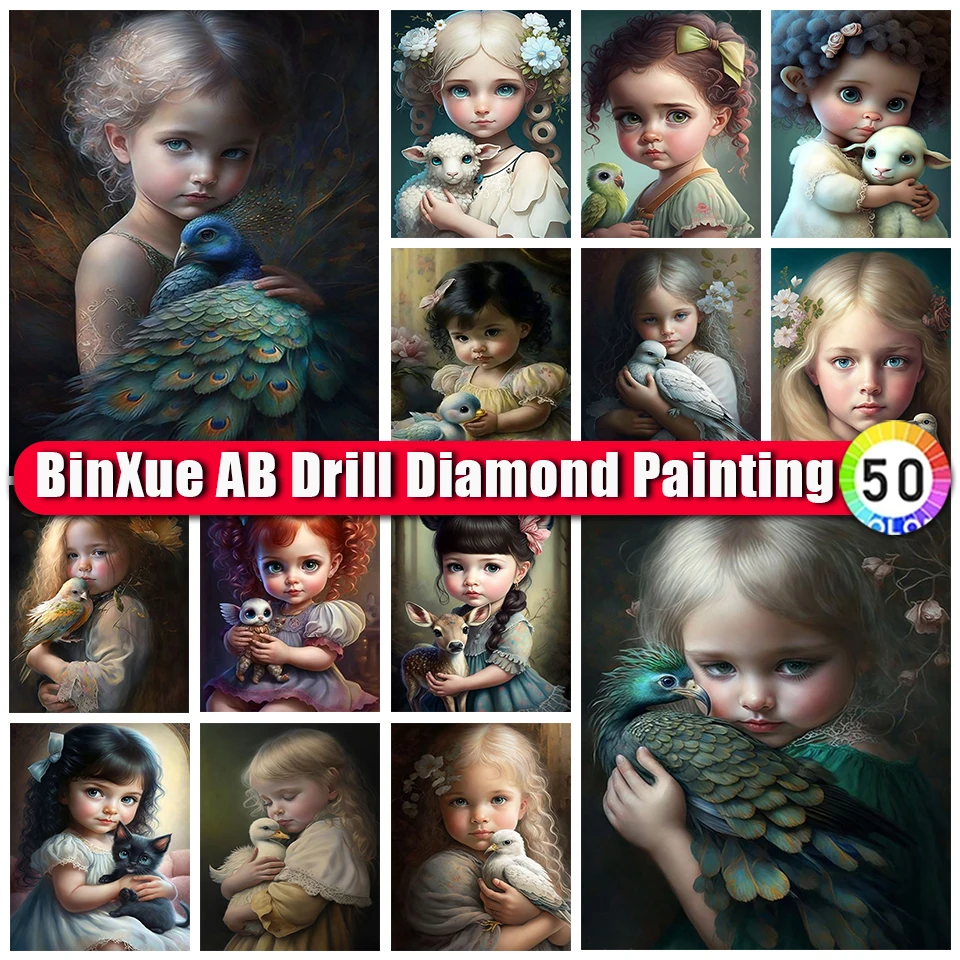 

BinXue 5D DIY Angel Wings Girl AB Diamond Painting Animal Baby Cross Stitch Peacock Pigeon Cat Deer Handmade DIY Mosaic Art Gift