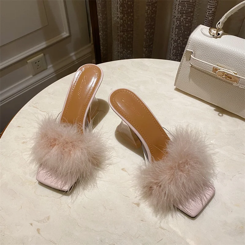Sexy Strange Transparent Heels Slippers Fashion Fur Feather Summer Sandals Peep Toe Slip-On Clear Shoes Women Slides
Sexy Strange Transparent Heels Slippers Fashion Fur Feather Summer Sandals Peep Toe Slip-On Clear Shoes Women Slides