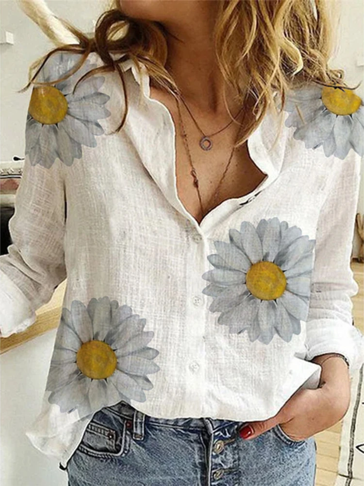 Cotton Linen Women Shirt White Floer Polka Dot Print Tops Office Long Sleeve Turn Down Collar Button Up Blouses Blusas Mujer |