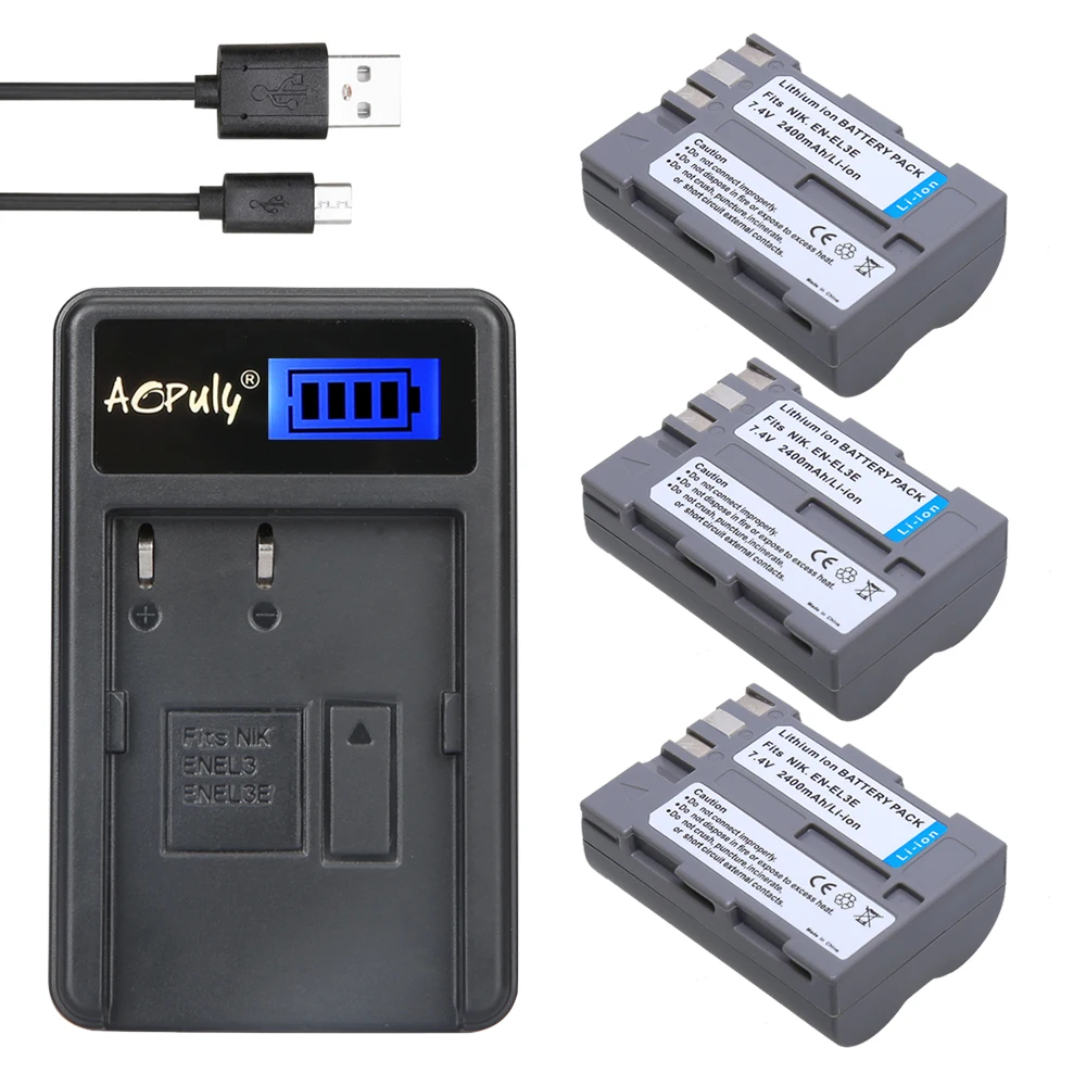 

AOPULY 3Pcs EN-EL3E ENEL3E EN EL3e Camera Battery + LCD USB Charger for Nikon D300S D300 D100 D200 D700 D70S D80 D90 D50 MH-18A