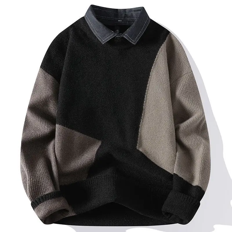 

Men's Autumn and Winter Youthful Vitality Shirt Collar Patchwork Base Knitwear Fleece-lined Thickened Young Men's Pullover