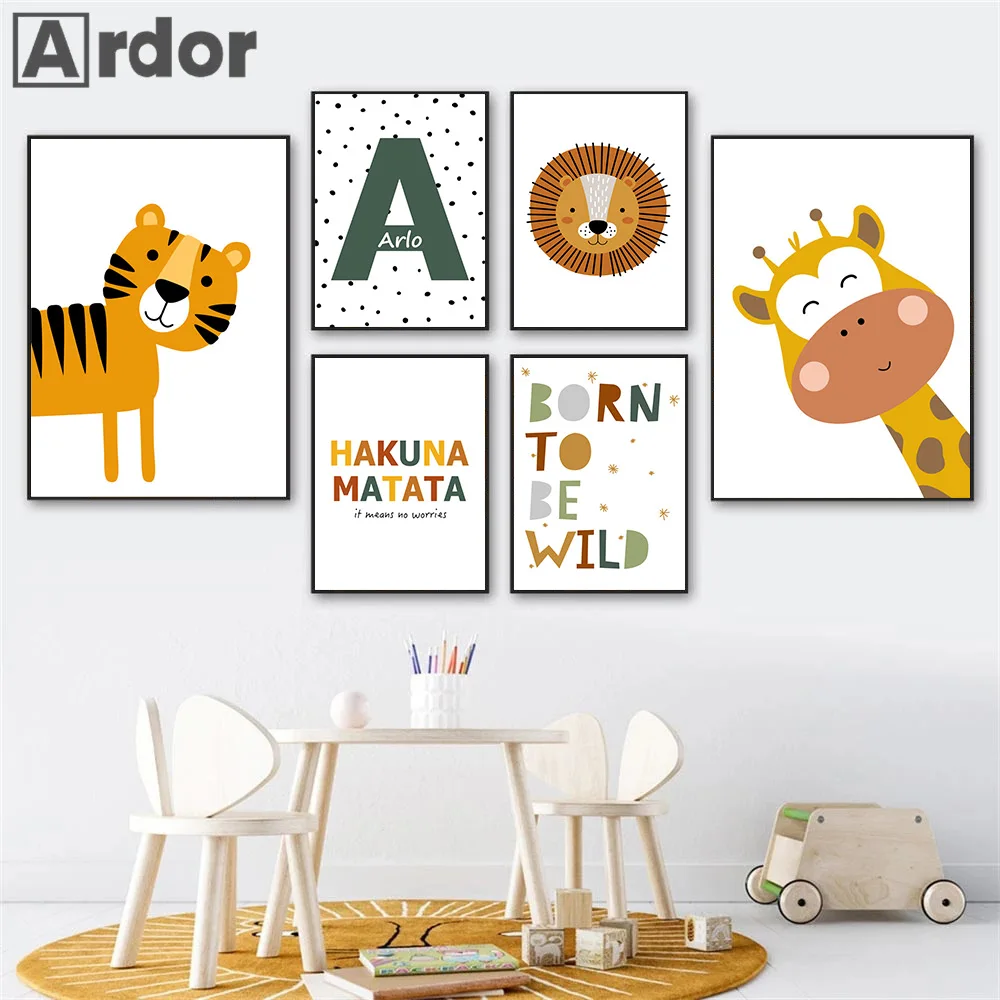 

KAKUNA MATATA Tiger Giraffe Lion Canvas Painting Poster Custom Name Print Pictures Nursery Wall Art Posters Kids Baby Room Decor