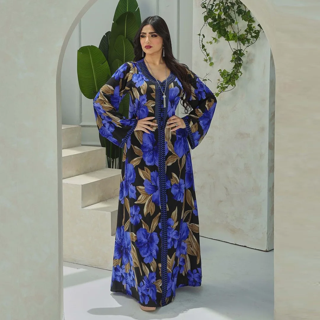 Muslim Clothing Islamic Women Turkey Dubai Abaya Dress Long Sleeve Blue Flower Print Rhinestone Moroccan Loose Fashion Kaftan
Muslim Clothing Islamic Women Turkey Dubai Abaya Dress Long Sleeve Blue Flower Print Rhinestone Moroccan Loose Fashion Kaftan