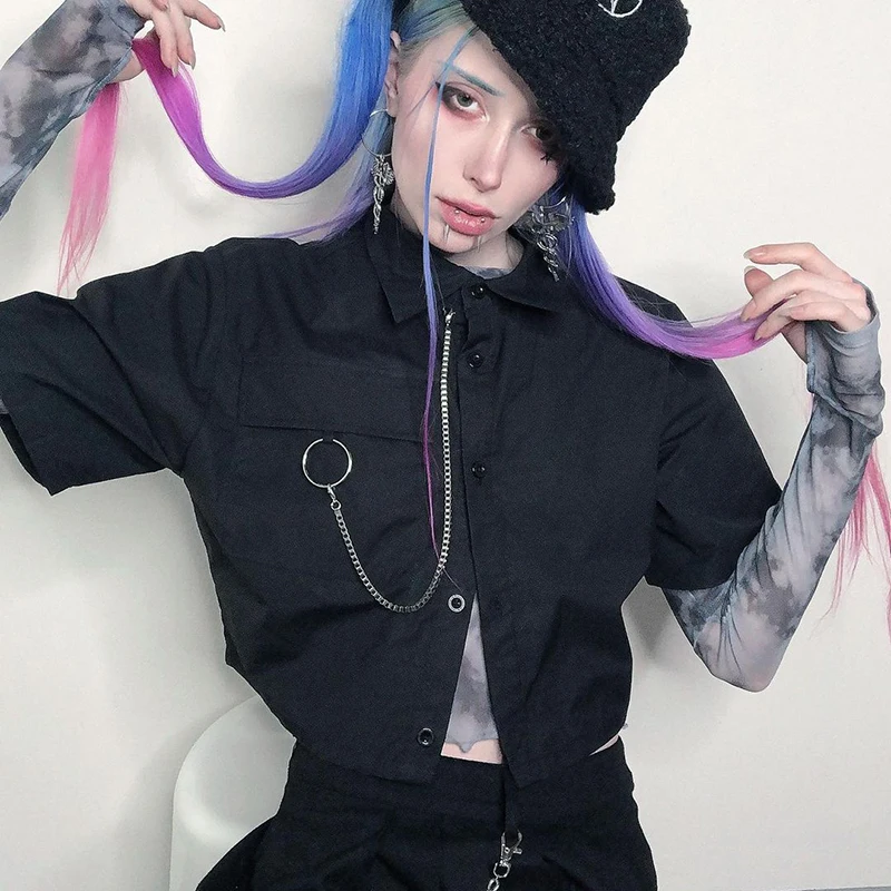 WeiYao Short Sleeve Button Cardigan Shirts Women Black Chains Goth Streetwear Summer 2022 Turn Down Collar Casual Preppy Tops
WeiYao Short Sleeve Button Cardigan Shirts Women Black Chains Goth Streetwear Summer 2022 Turn Down Collar Casual Preppy Tops