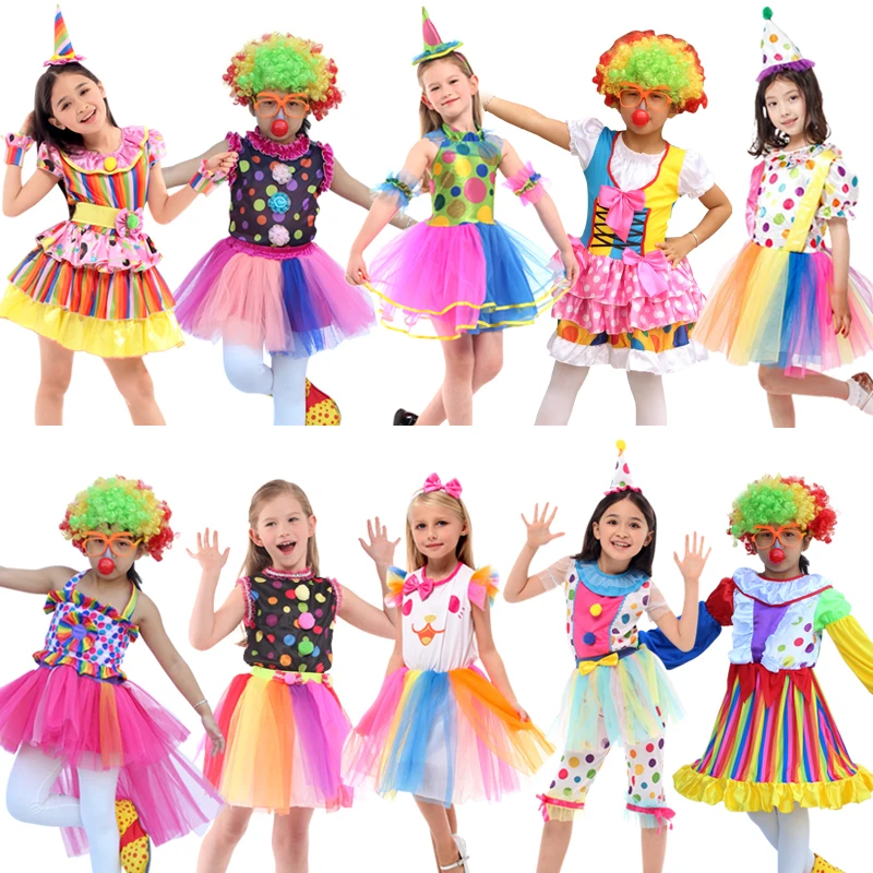 

Halloween Costumes Kids Circus Clown with Multicolor Wig Shoes and Nose Children Fancy Dress Purim Cosplay For Boys Girls Party