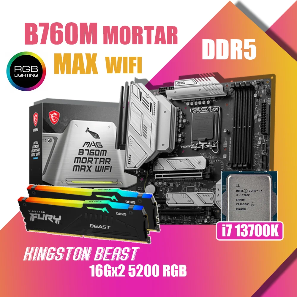 Комплект материнской платы MSI MAG B760M ступы MAX WIFI LGA1700 с процессором Intel Core i7 13700K Fury DDR5 RGB 5200 МГц память 16 Гб x 2 RAM HDMI DP USB Поддержка графических карт NVIDIA AMD для настольных ПК Gamer
Комплект материнской платы MSI MAG B760M ступы MAX WIFI LGA1700 с процессором Intel Core i7 13700K Fury DDR5 RGB 5200 МГц память 16 Гб x 2 RAM HDMI DP USB Поддержка графических карт NVIDIA AMD для настольных ПК Gamer