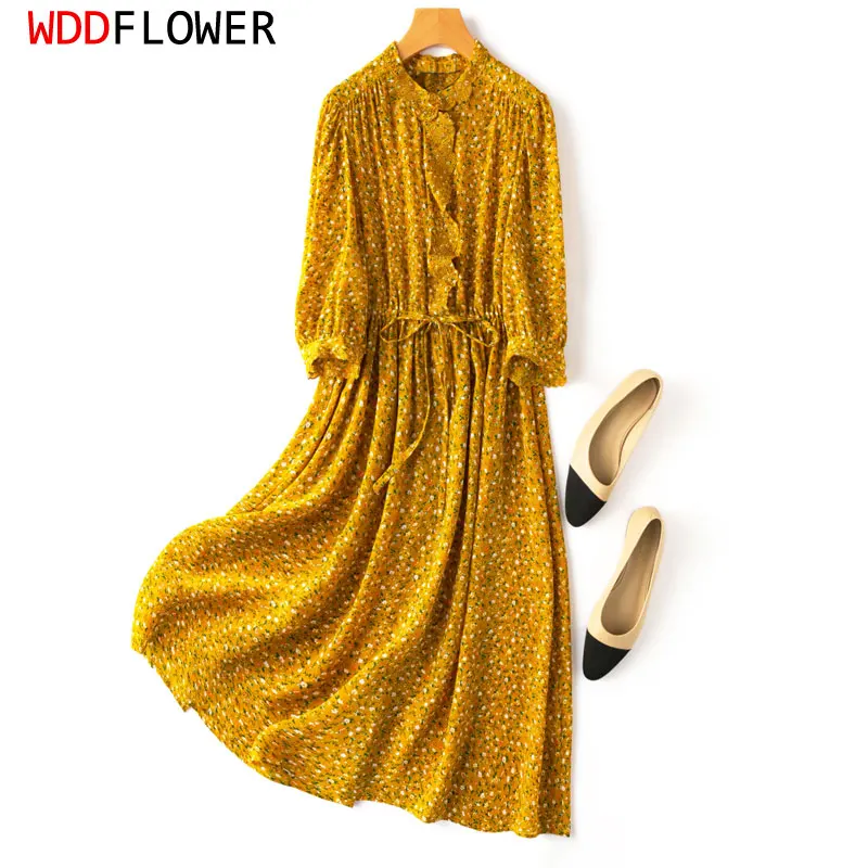 

Women Silk Midi Dress 100% Mulberry Silk Crepe Silk Golden Floral Printed Embroidered Ruffles Neck Belted Waist Long Dress MM735