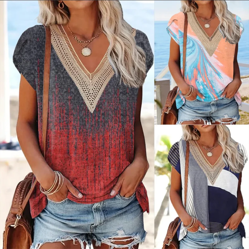 2023 Vintage Short Sleeve Pullover Basic New Shirts Elegant Lace Edge V-neck Printed T-shirt Top Women Summer Casual Comfortable
2023 Vintage Short Sleeve Pullover Basic New Shirts Elegant Lace Edge V-neck Printed T-shirt Top Women Summer Casual Comfortable