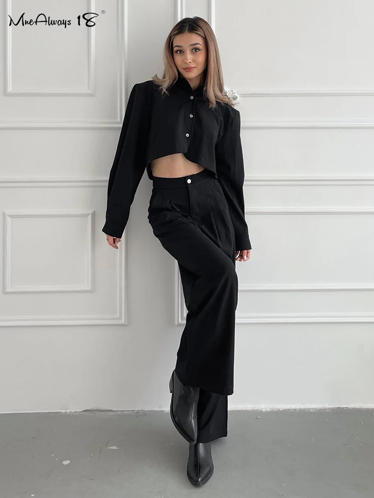 

Mnealways18 Street Style Black Wide Legs Two Pieces Sets Women Cropped Shirts And Pleated Trousers Office Lady Suits Autumn 2023