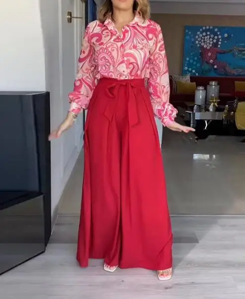 Printing Wide Leg Pants Sets Two Piece 2023 Spring New Fashion Commuter Long Sleeve Shirt High Waist Lace up Straps Pants Suit
Printing Wide Leg Pants Sets Two Piece 2023 Spring New Fashion Commuter Long Sleeve Shirt High Waist Lace up Straps Pants Suit