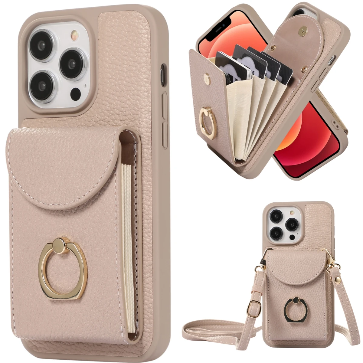 

Чехол-портмоне на плечо с отделением для карт и кольцом-держателем для iPhone 14 11 12 13 Pro Max