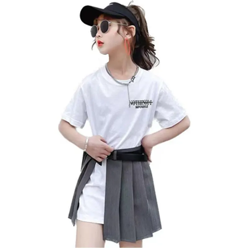 

Kids Girls 2023 Summer Fashion Long Tshirts+Pleated Skirt with Waistbelt Bag 2PCS Sets Streetwear Hip Hop Cool Girl Clothes Suit