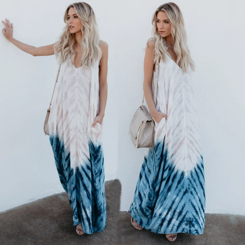 Женское богемное платье на бретельках, повседневное свободное платье без рукавов с V-образным вырезом и принтом, уличная одежда до щиколотк... 
Женское богемное платье на бретельках, повседневное свободное платье без рукавов с V-образным вырезом и принтом, уличная одежда до щиколотк...