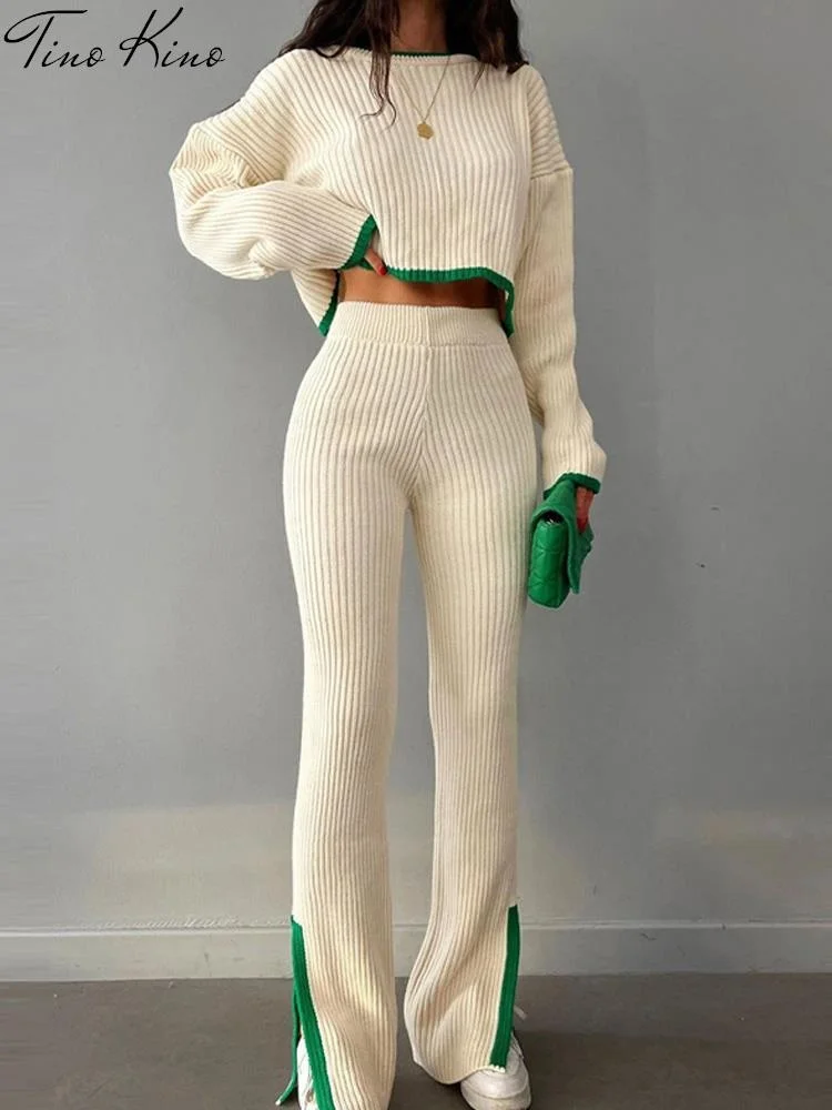 

Трикотажный комплект из двух предметов, женские повседневные брюки с боковыми вставками и разрезом, женский весенний укороченный свитер 2023...