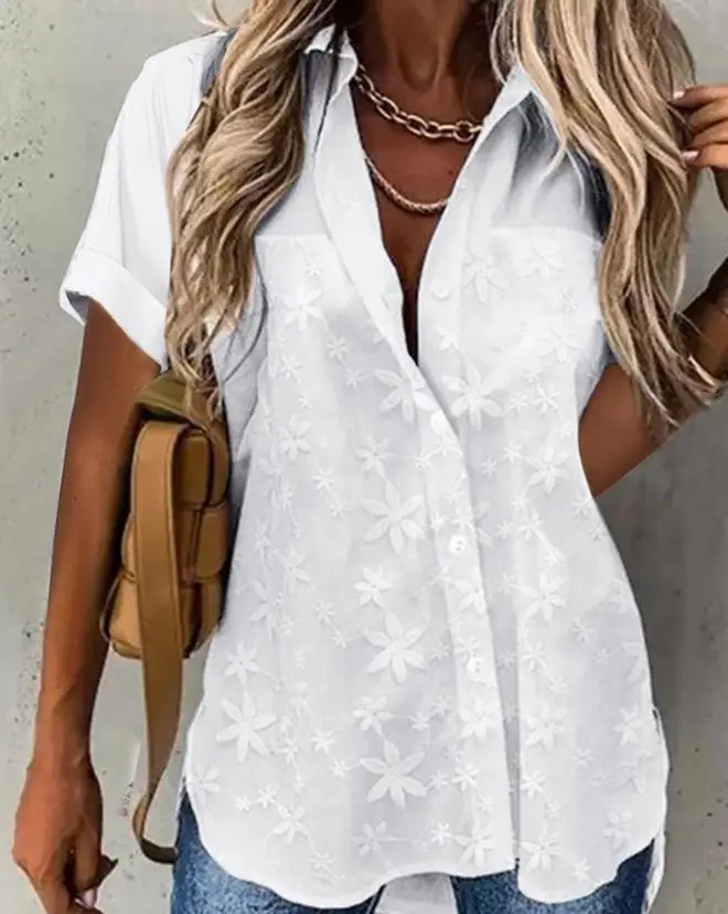 Women's Lapel Shirt Short-Sleeved Top 2023 New Small Clear Style Solid Color Floral Pattern Button Short-Sleeved Shirt
Women's Lapel Shirt Short-Sleeved Top 2023 New Small Clear Style Solid Color Floral Pattern Button Short-Sleeved Shirt